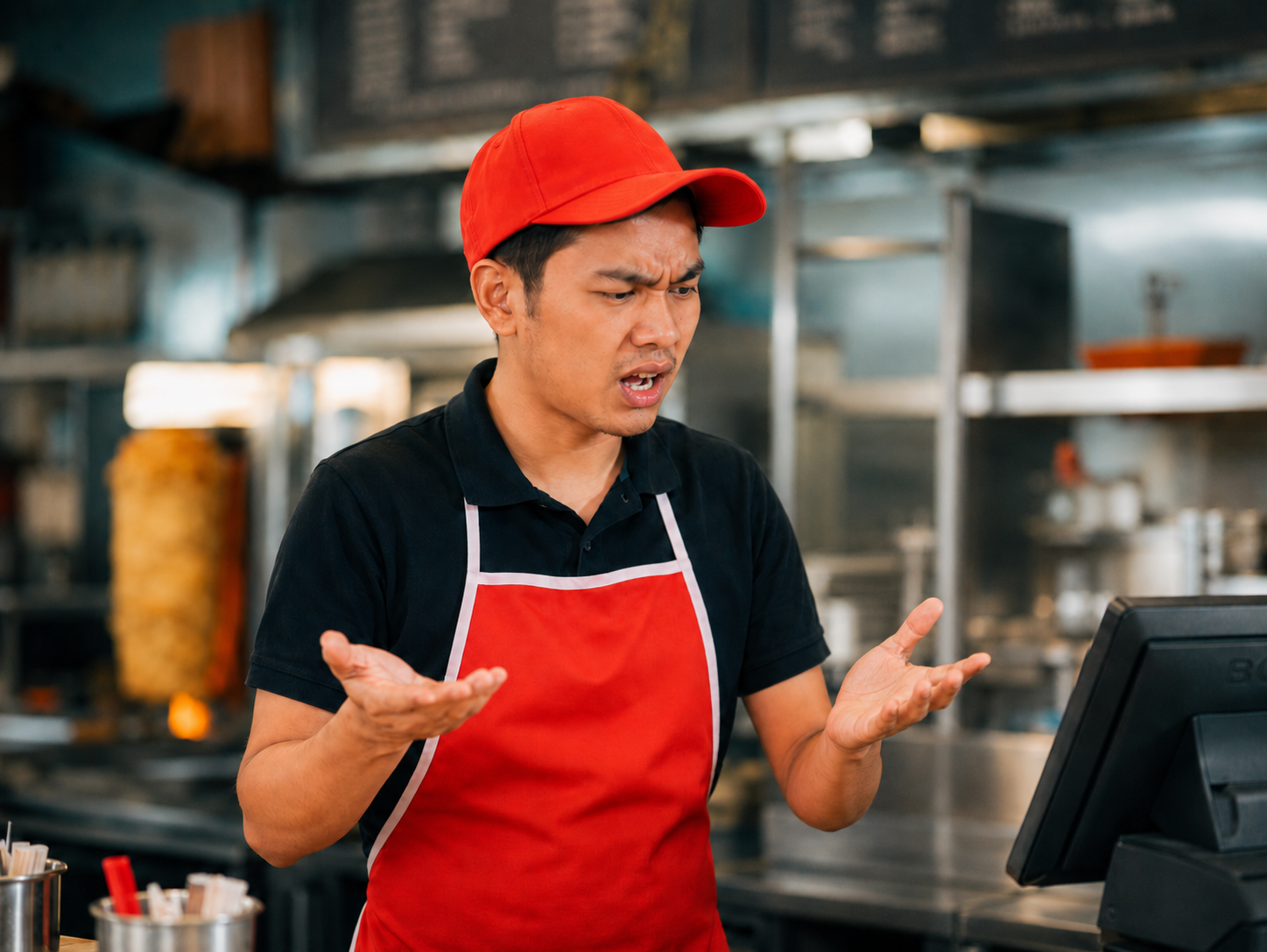 A frustrated cashier dealing with a broken Sunmi POS device